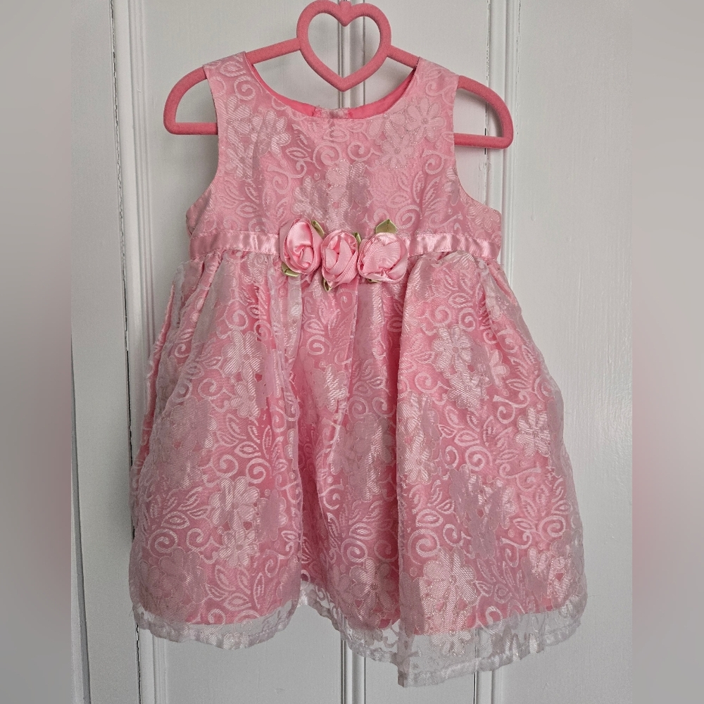 Pink Floral Lace Dress with Rosette Accents